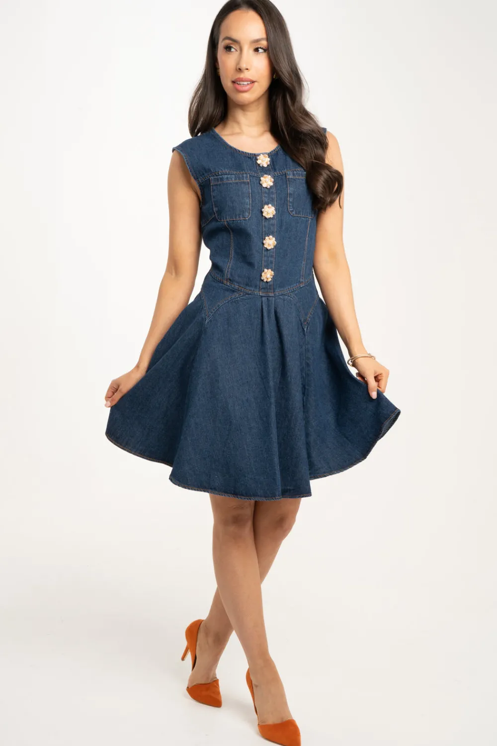 The Walk in Wardrobe Mini Dresses>Holly Button Front Denim Dress In Dark Wash