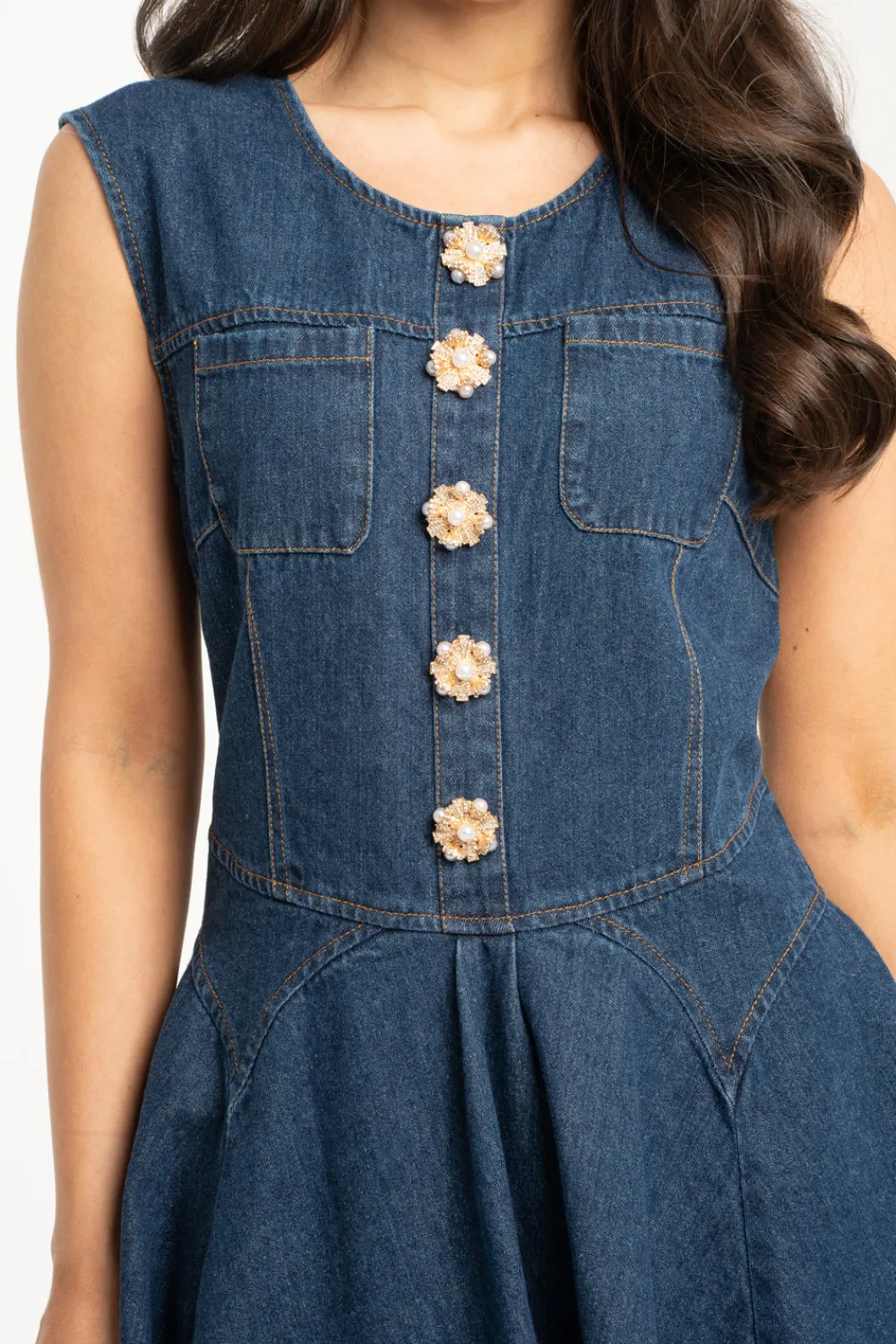 The Walk in Wardrobe Mini Dresses>Holly Button Front Denim Dress In Dark Wash