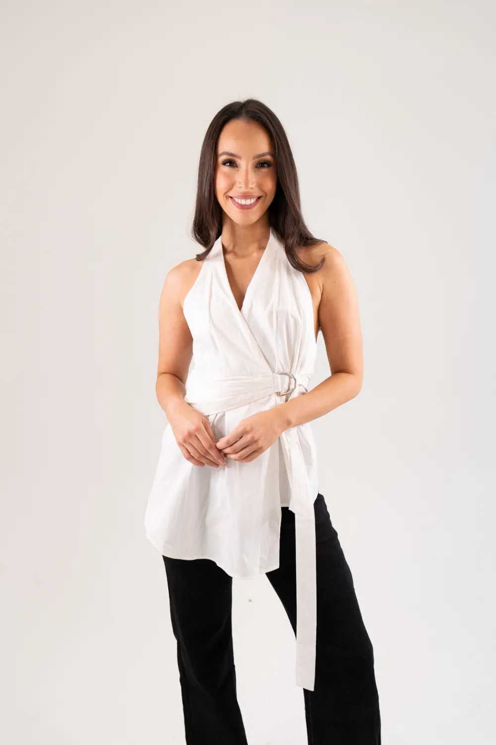 The Walk in Wardrobe Tops>Holly Drape Front Halter Top In White