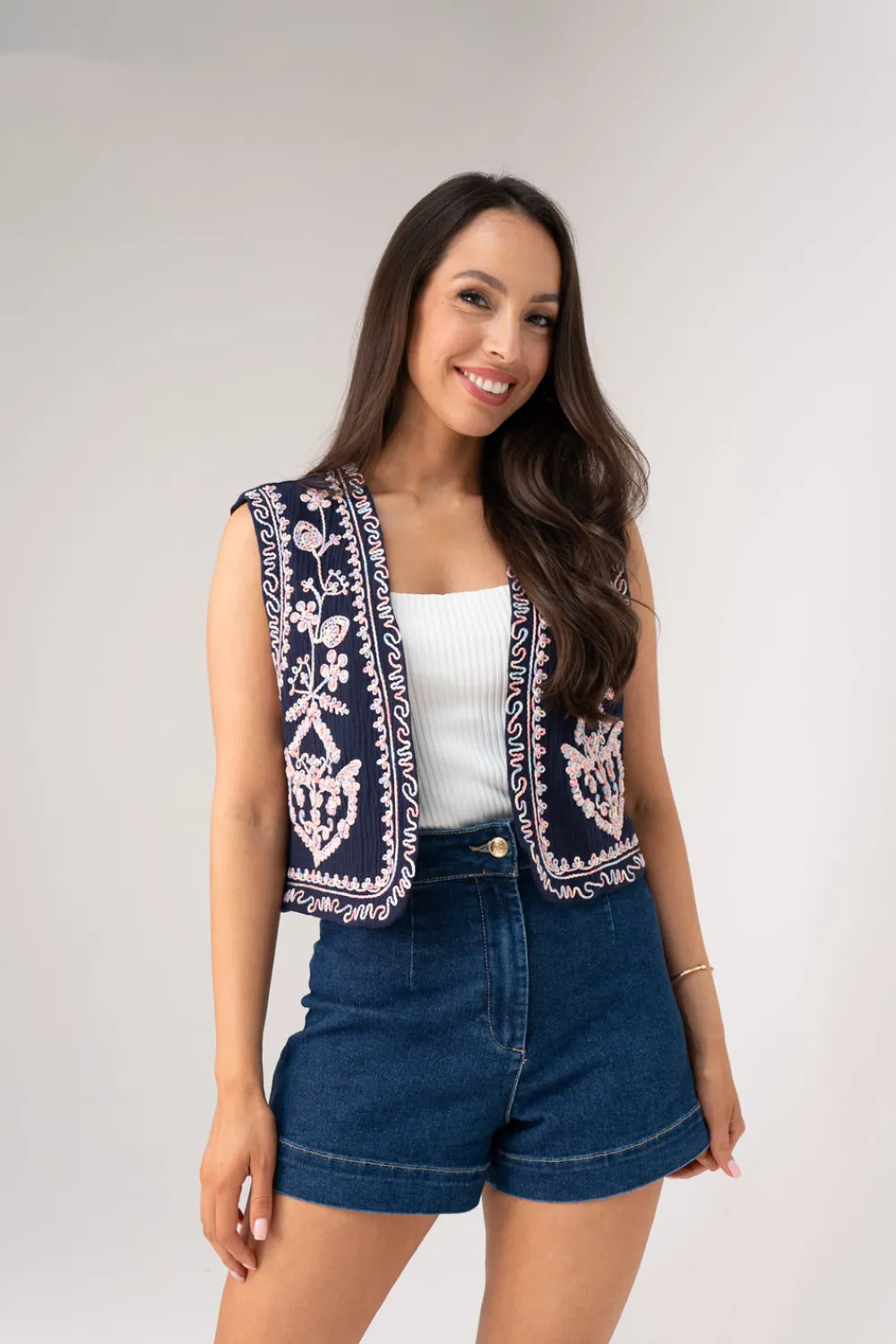 The Walk in Wardrobe Tops>Holly Embroidered Waistcoat In Navy