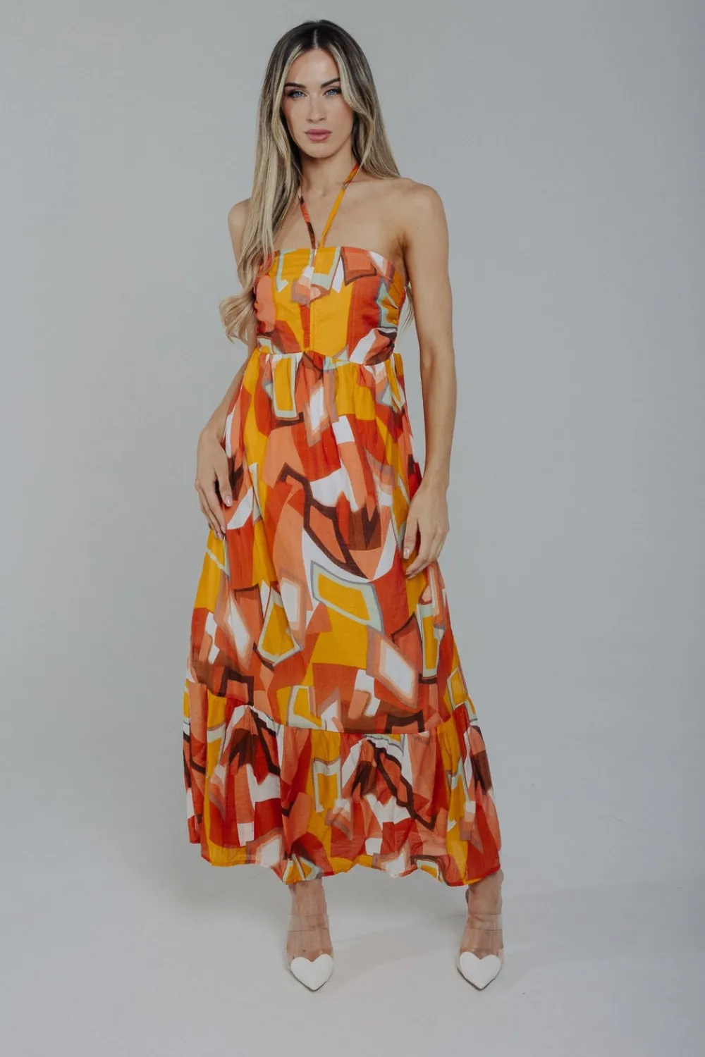 The Walk in Wardrobe Midi Dresses>Holly Halter Neck Midi Dress In Orange Mix
