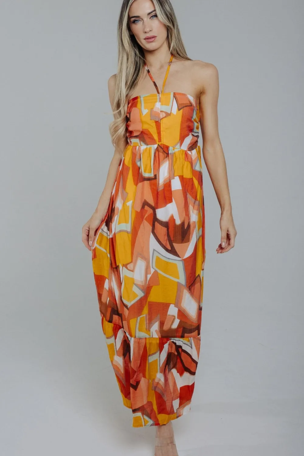 The Walk in Wardrobe Midi Dresses>Holly Halter Neck Midi Dress In Orange Mix