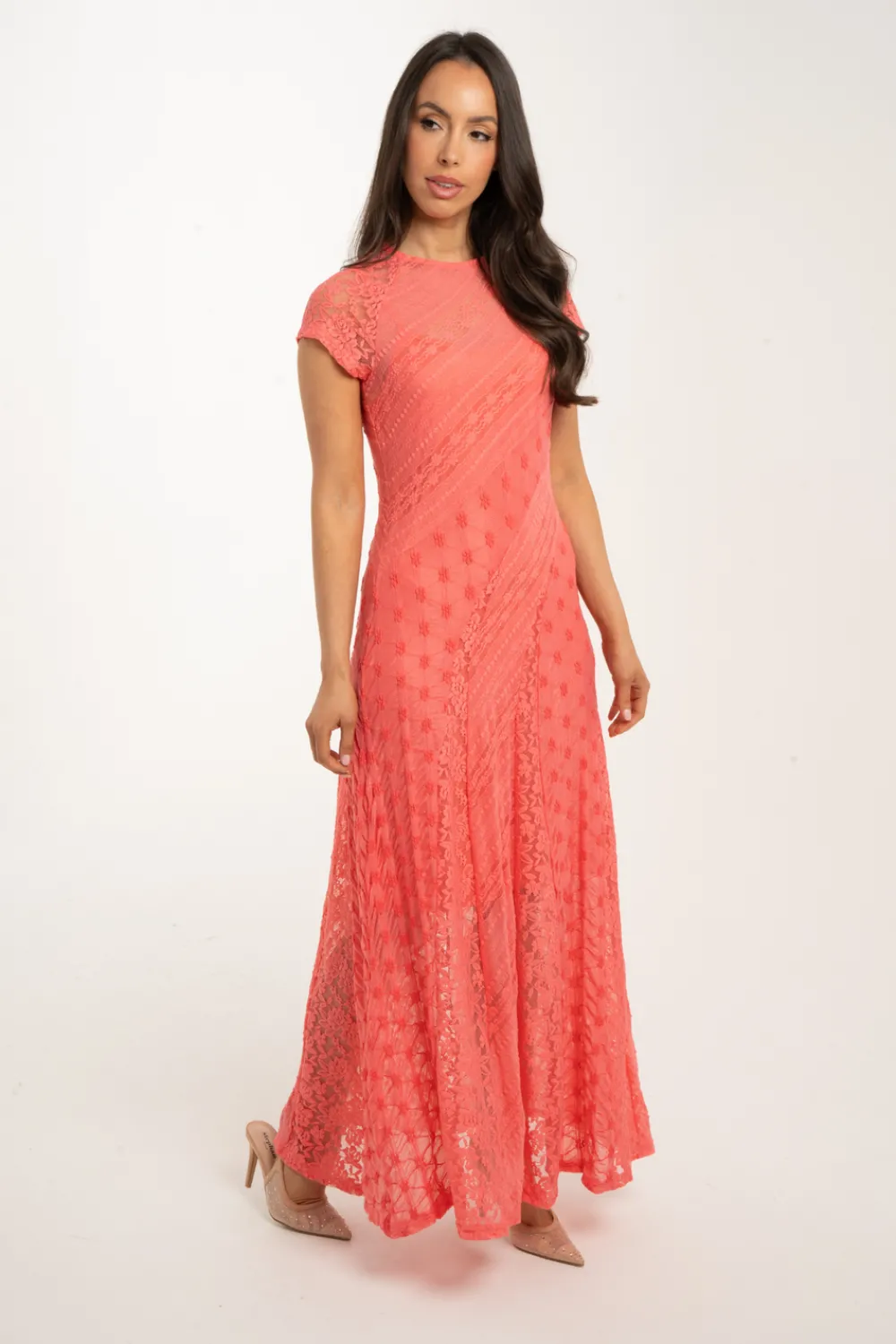 The Walk in Wardrobe Maxi Dresses>Holly Lace Overlay Maxi Dress In Coral