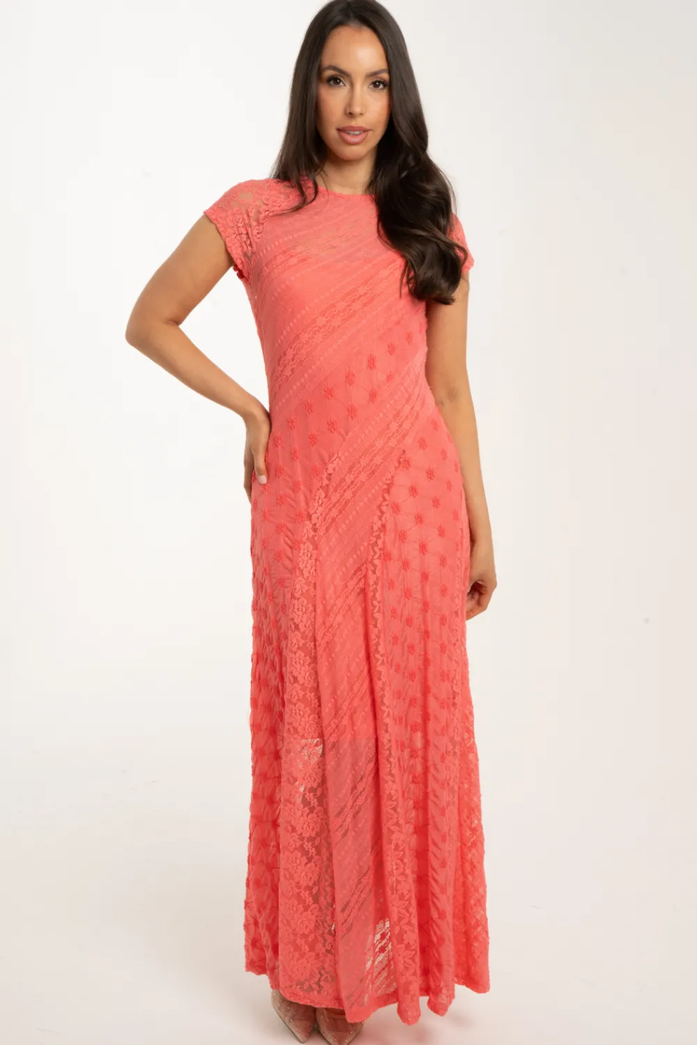 The Walk in Wardrobe Maxi Dresses>Holly Lace Overlay Maxi Dress In Coral