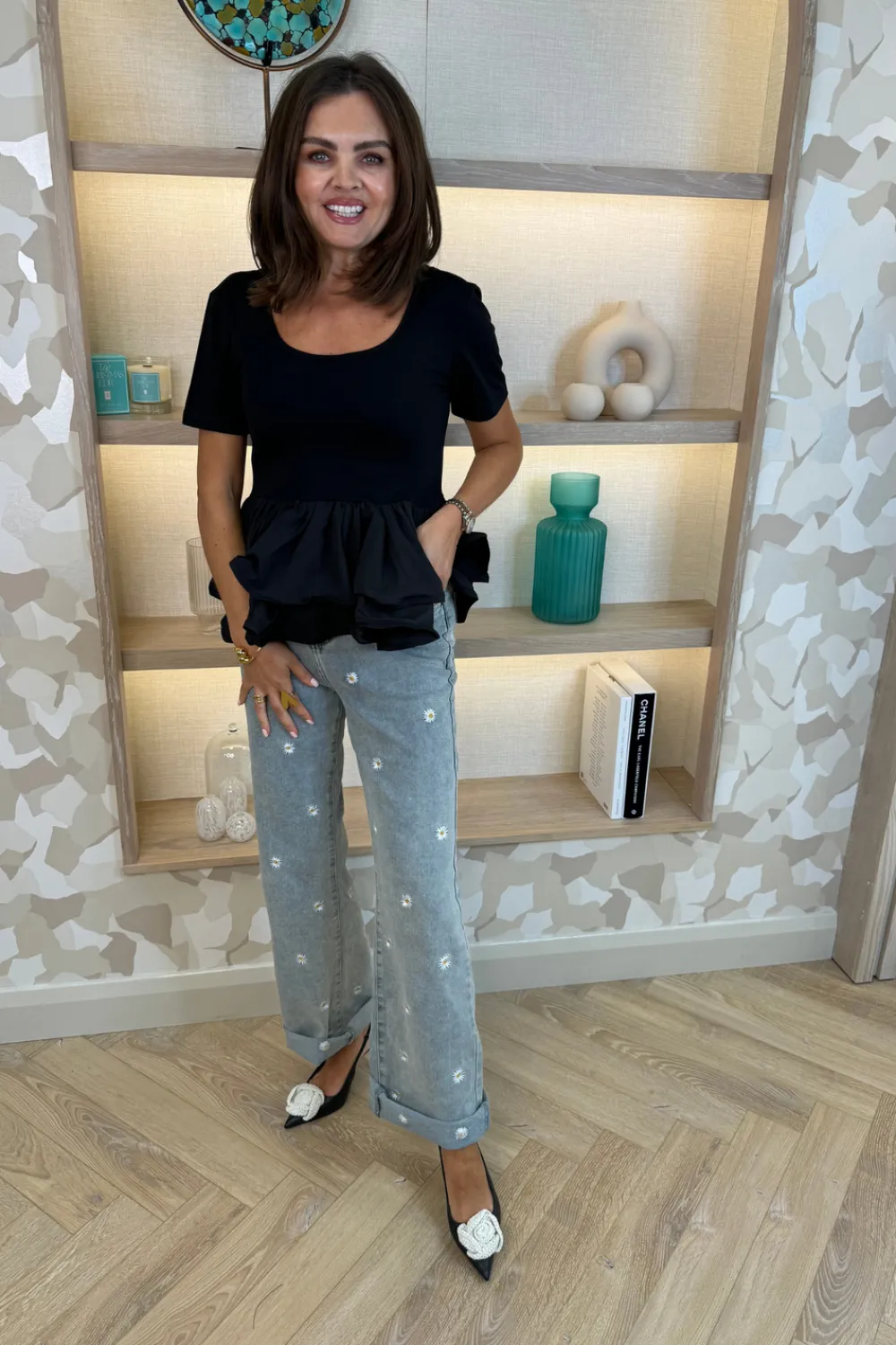 The Walk in Wardrobe Tops|T-Shirts>Holly Peplum Frill T-Shirt In Black