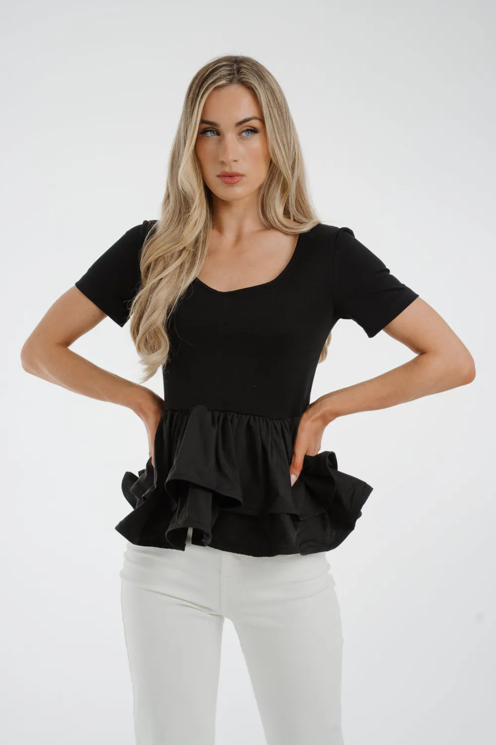 The Walk in Wardrobe Tops|T-Shirts>Holly Peplum Frill T-Shirt In Black