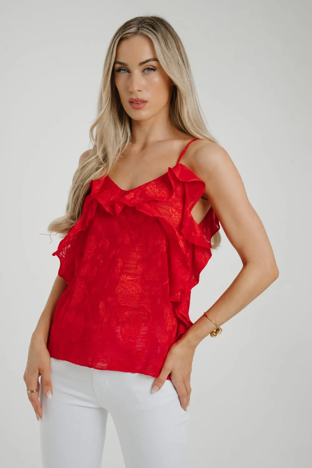 The Walk in Wardrobe Tops>Holly Ruffle Cami In Red