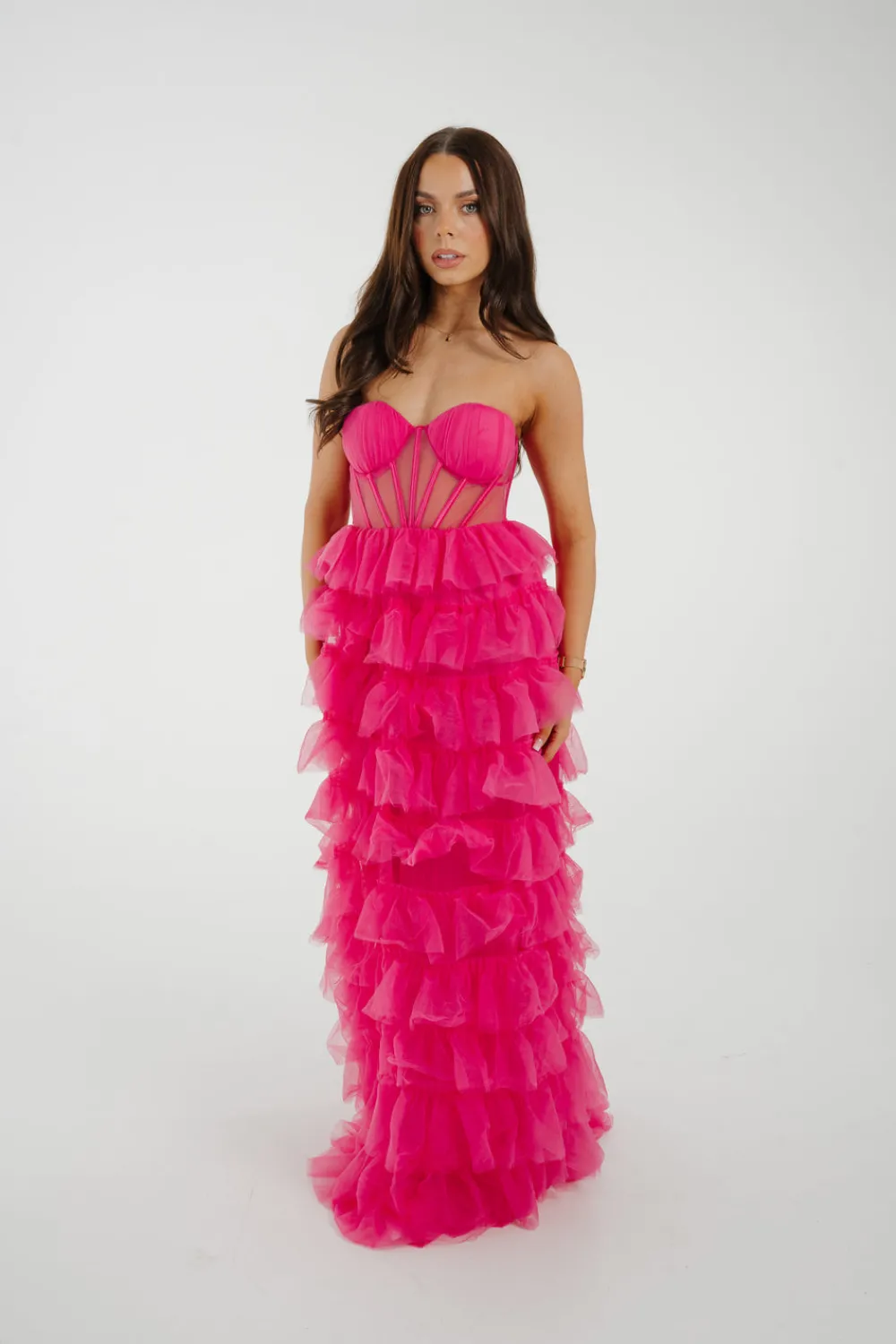The Walk in Wardrobe Maxi Dresses>Holly Strapless Tulle Maxi Dress In Fuchsia