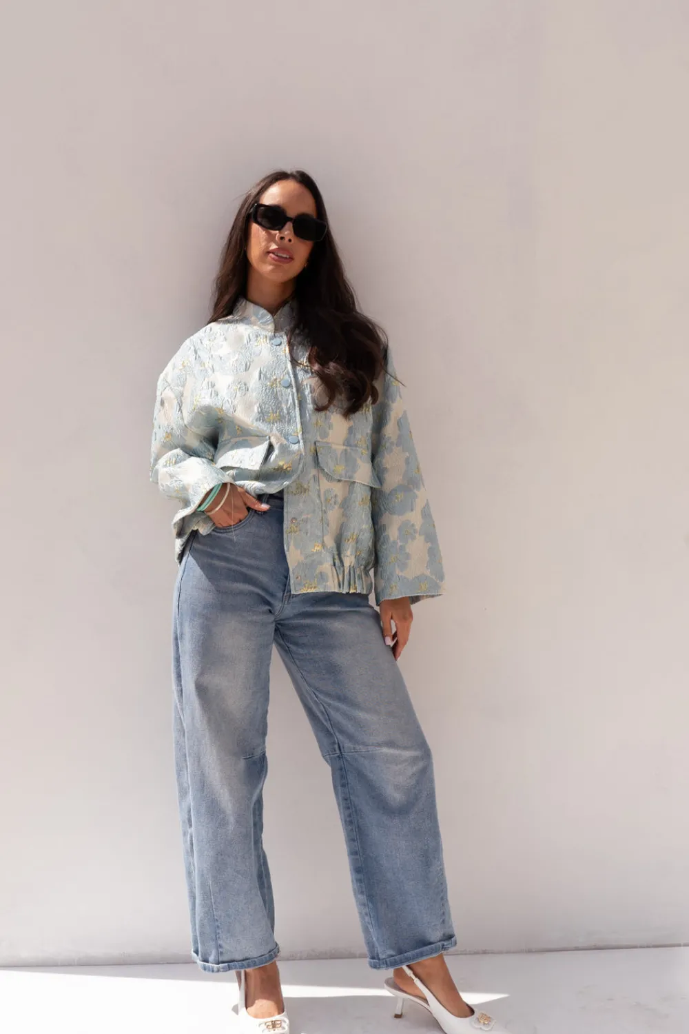 The Walk in Wardrobe Coats & Jackets>Iris Floral Print Bomber Jacket In Blue