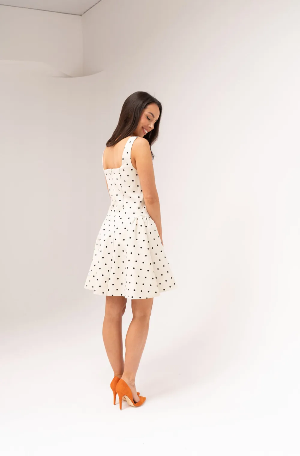 The Walk in Wardrobe Mini Dresses>Iris Square Neck Spotted Dress In Cream