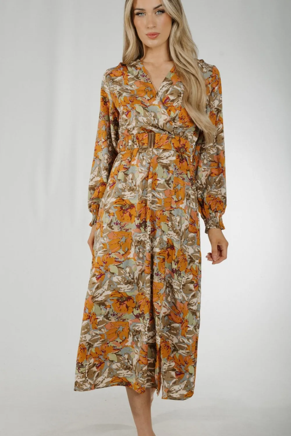 The Walk in Wardrobe Midi Dresses>Isabelle Belted Midi Dress In Orange Mix