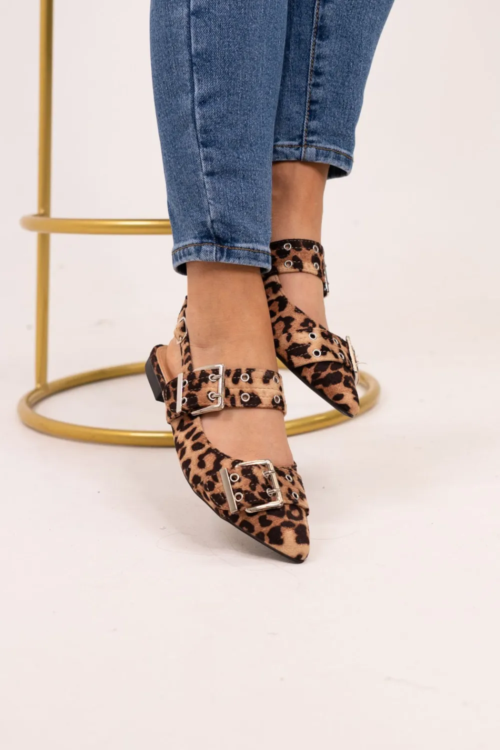 The Walk in Wardrobe Slingbacks>Izzy Pointed Buckle Flats In Leopard