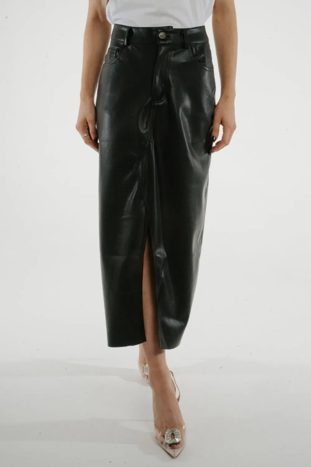 The Walk in Wardrobe Skirts & Skorts>Jane Faux Leather Midi Skirt In Black