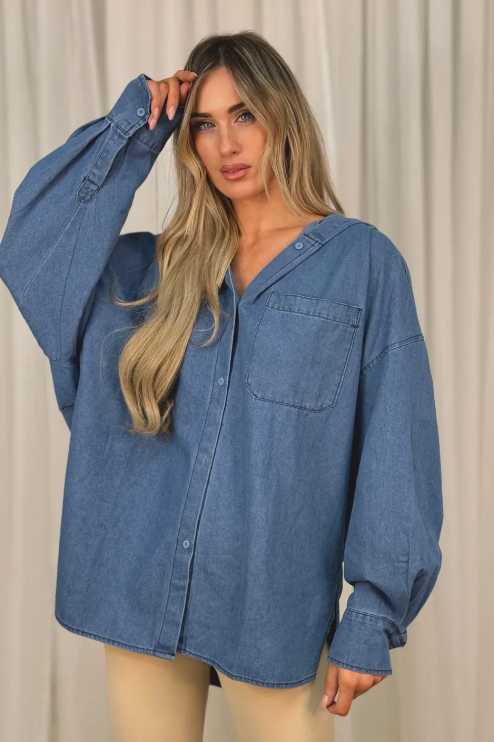 The Walk in Wardrobe Shirts>Jane Hooded Denim Shirt In Light Wash