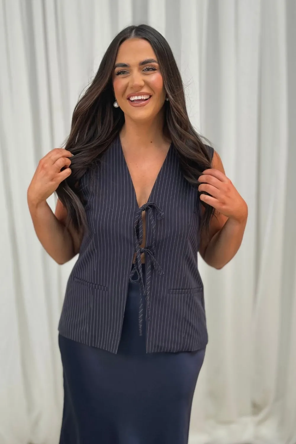 The Walk in Wardrobe Tops>Jane Tie Front Waistcoat In Navy Pinstripe