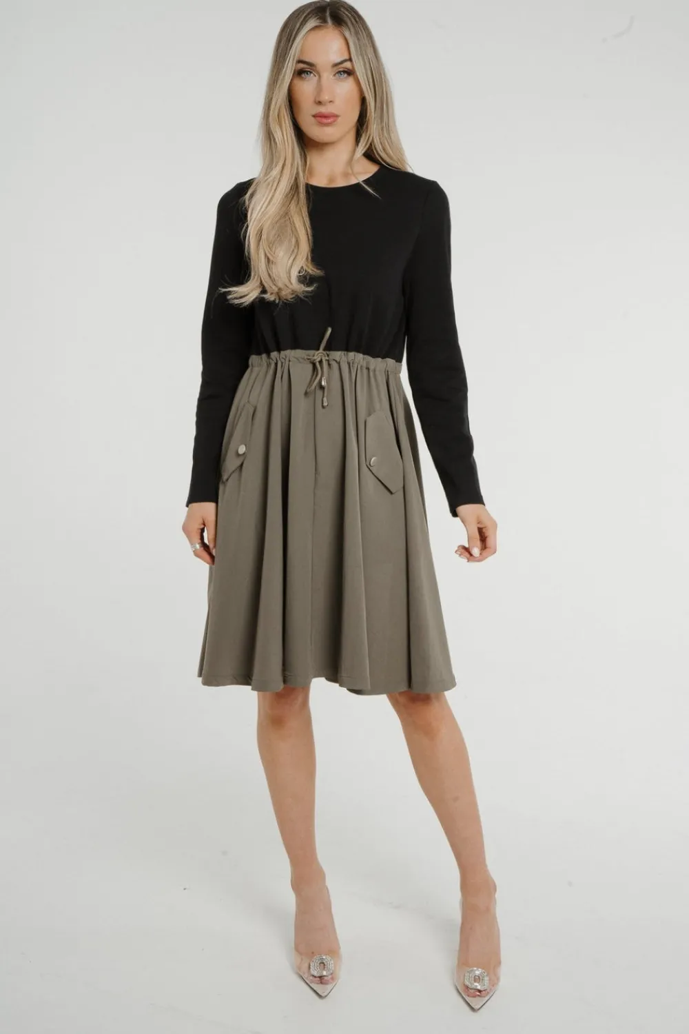 The Walk in Wardrobe Midi Dresses>Jasmine Contrast Dress In Black & Khaki