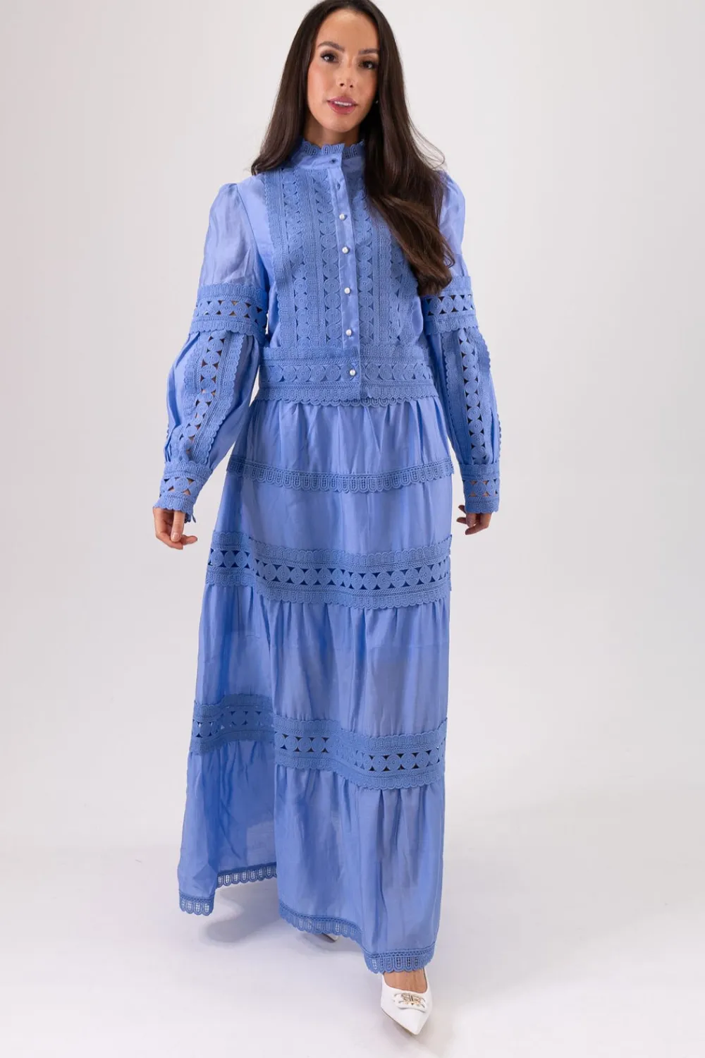 The Walk in Wardrobe Shirts>Jasmine Floral Lace Blouse In Blue