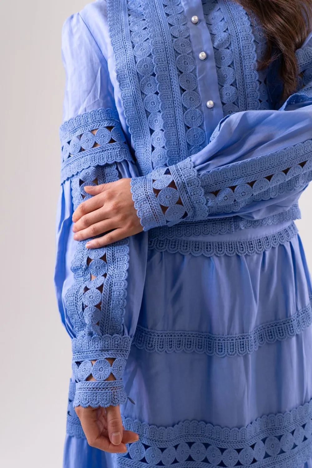 The Walk in Wardrobe Shirts>Jasmine Floral Lace Blouse In Blue