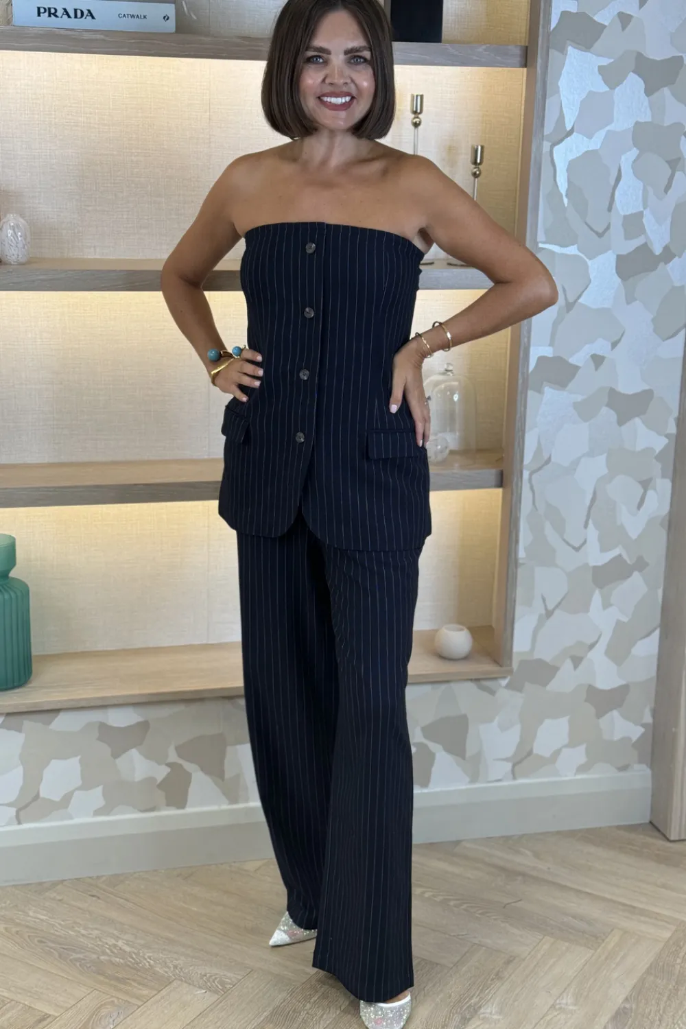 The Walk in Wardrobe Tops>Jasmine Strapless Top In Navy Pinstripe