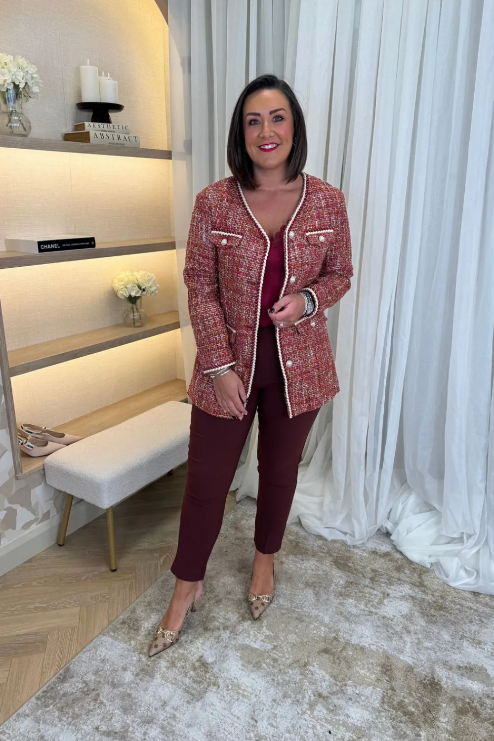 The Walk in Wardrobe Blazers>Jasmine Tweed Detail Jacket In Red