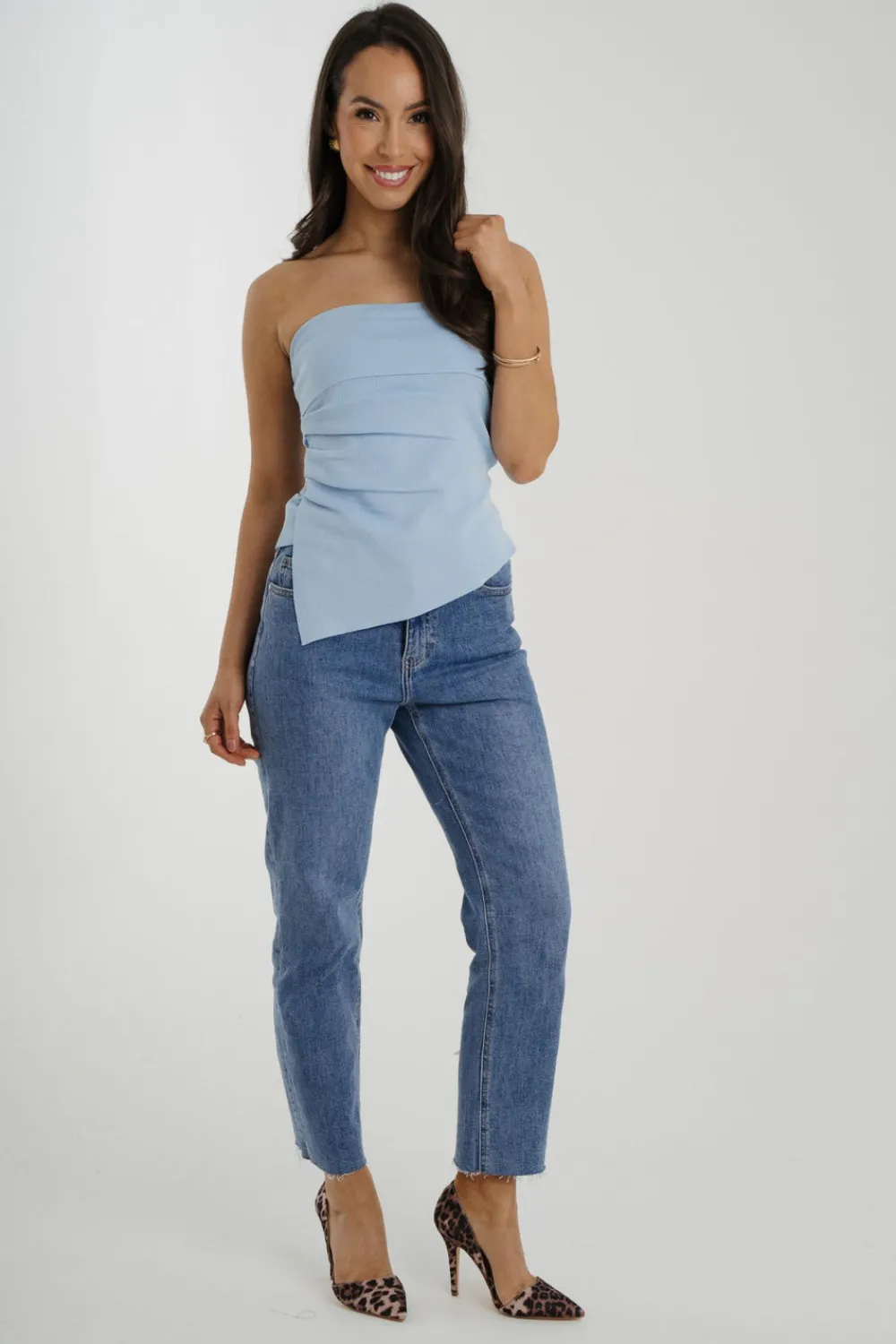 The Walk in Wardrobe Tops>Kate Asymmetric Bandeau Top In Blue
