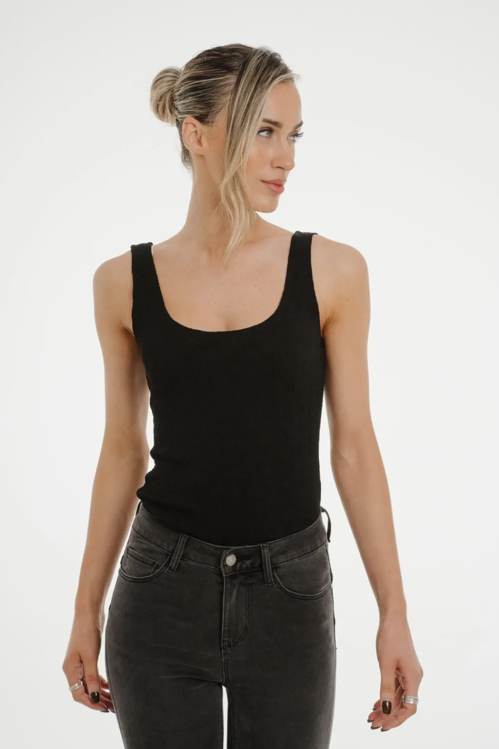 The Walk in Wardrobe Tops>Kate Textured Bodysuit In Black