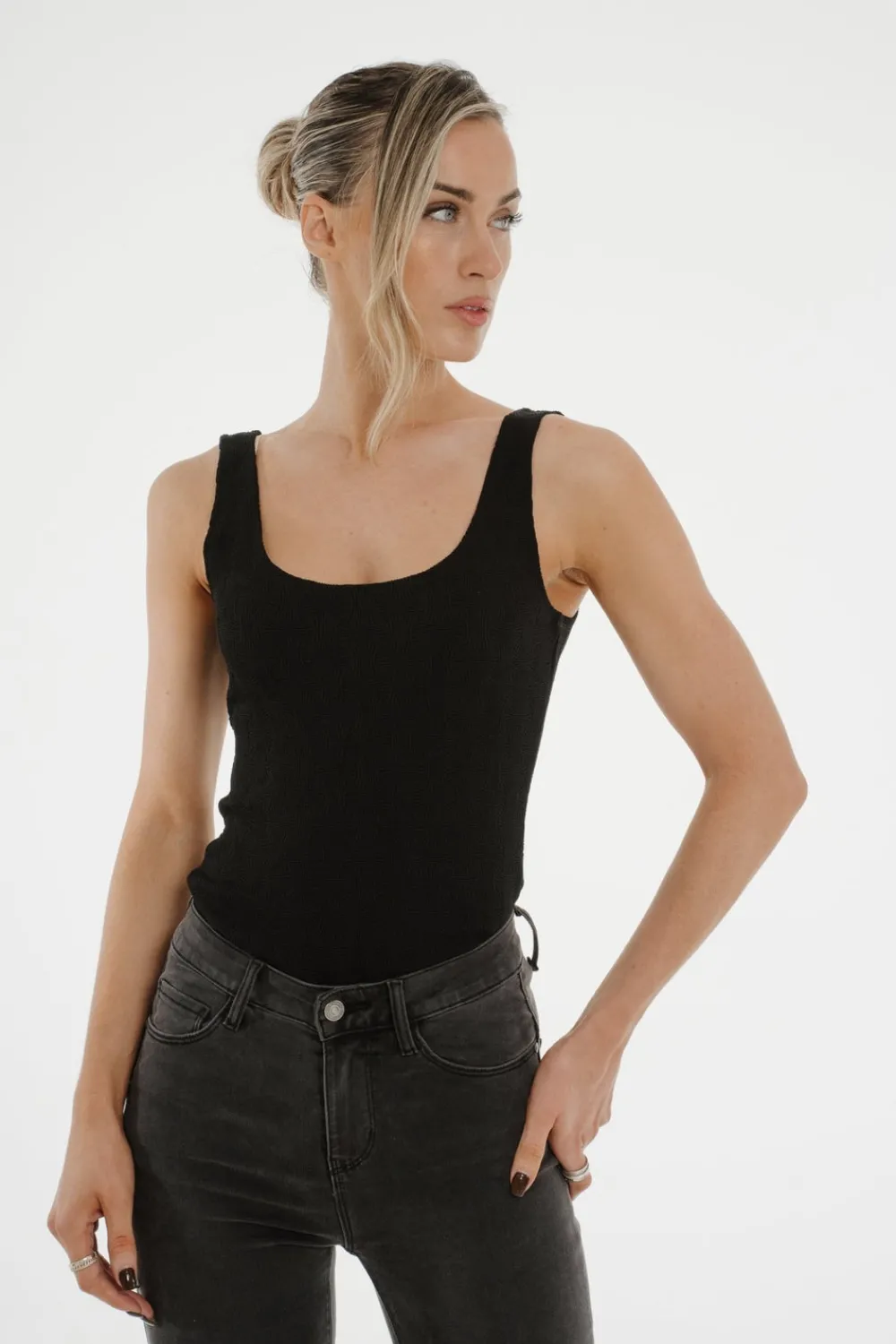 The Walk in Wardrobe Tops>Kate Textured Bodysuit In Black