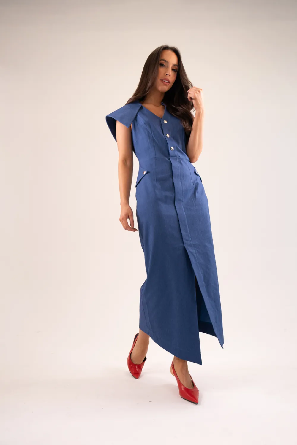 The Walk in Wardrobe Maxi Dresses|Midi Dresses>Kayla Asymmetric Collar Dress In Dark Denim