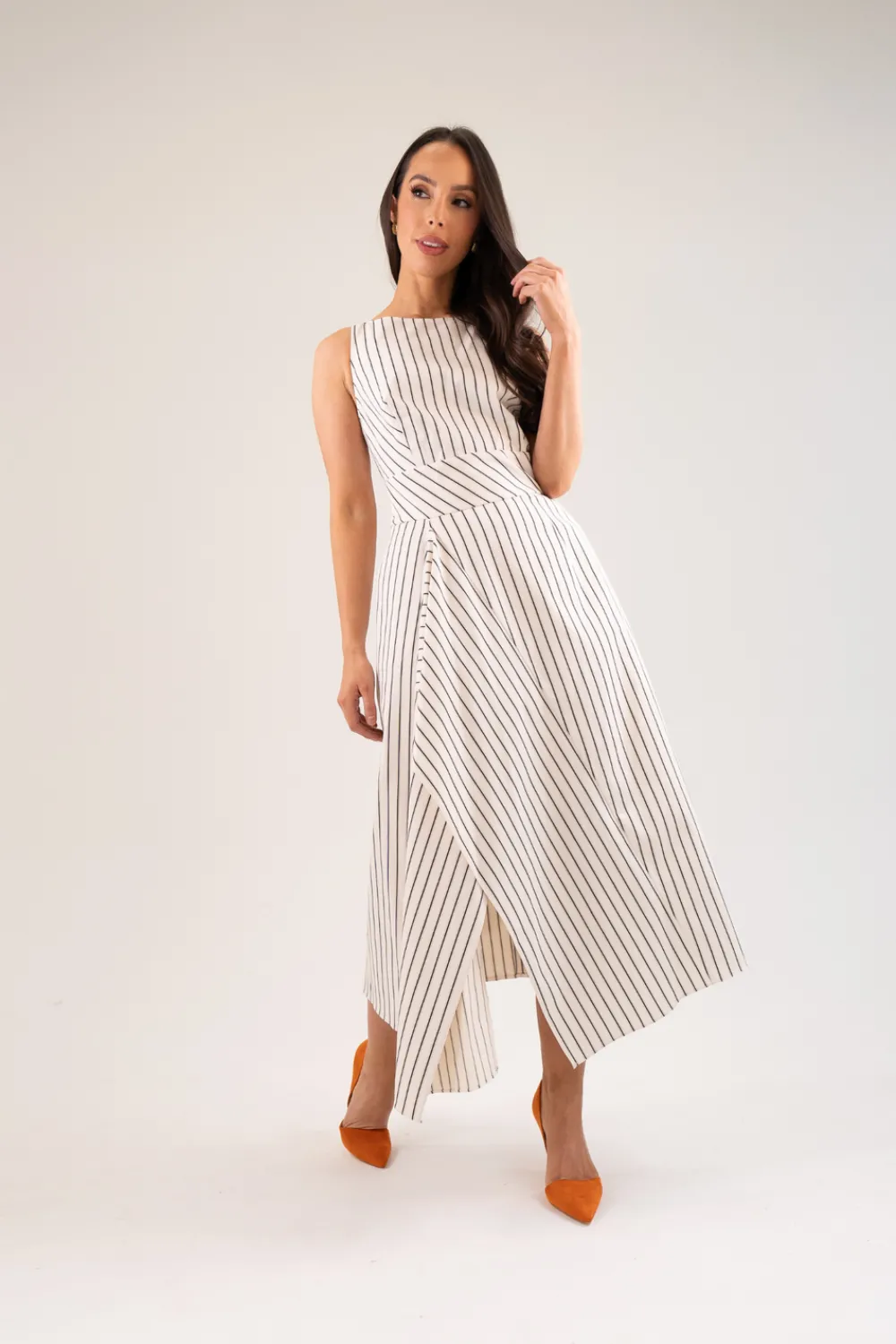 The Walk in Wardrobe Maxi Dresses|Midi Dresses>Kayla Asymmetric Pinstripe Dress In Cream