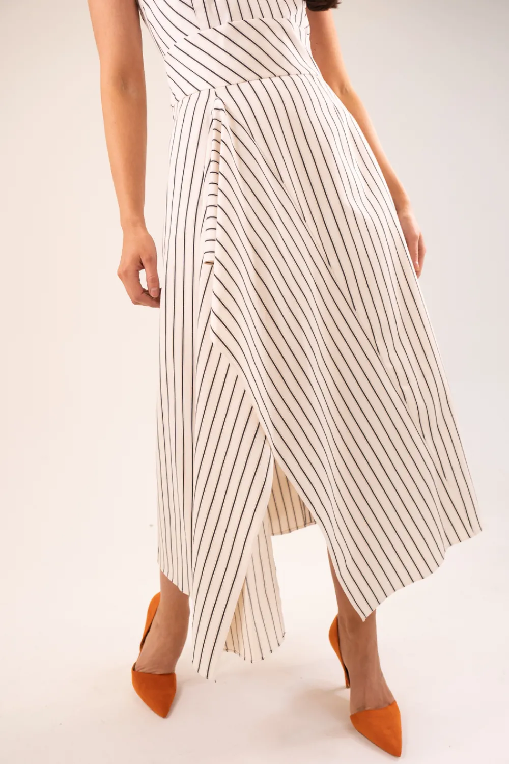 The Walk in Wardrobe Maxi Dresses|Midi Dresses>Kayla Asymmetric Pinstripe Dress In Cream