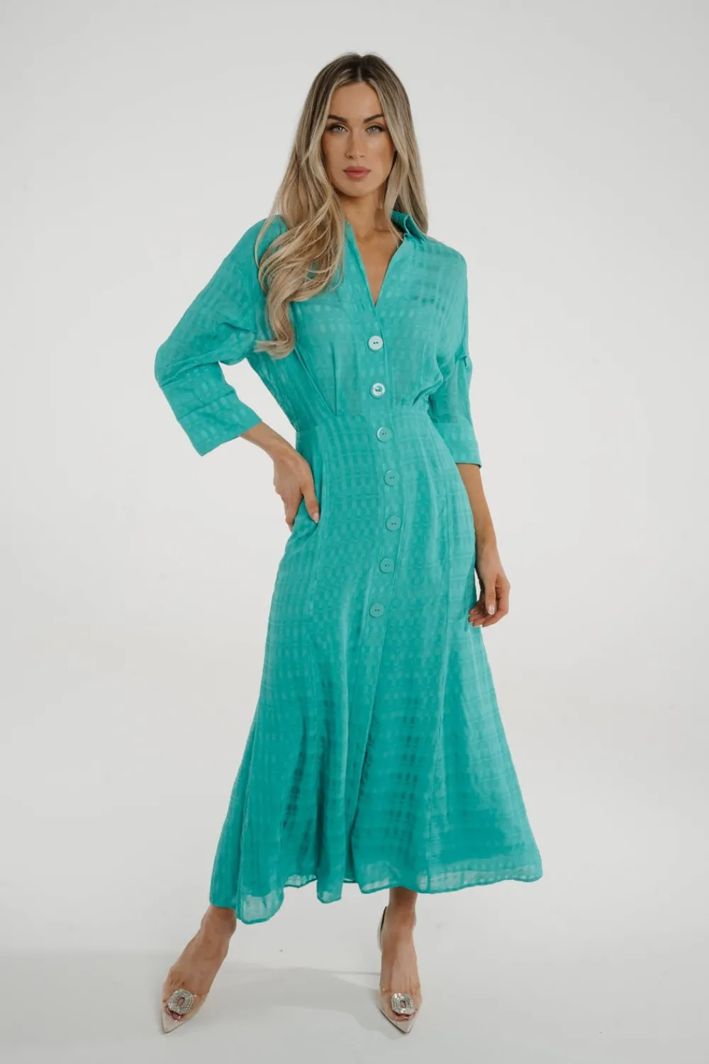 The Walk in Wardrobe Midi Dresses>Kayla Button Front Dress In Turquoise