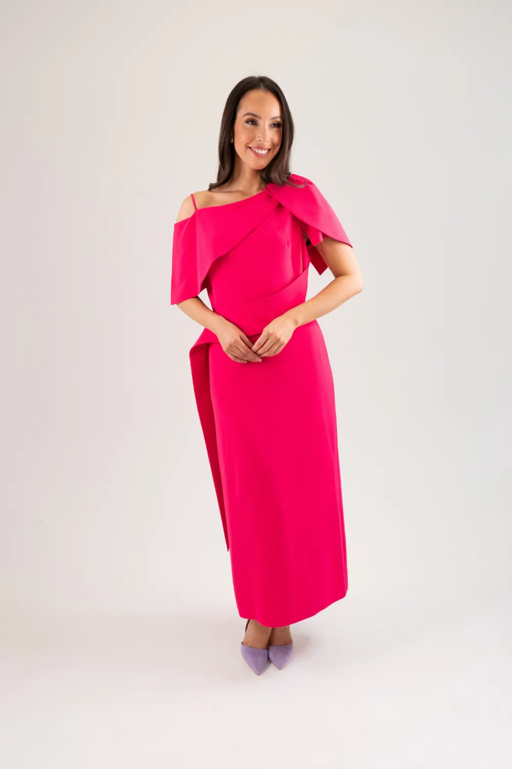 The Walk in Wardrobe Maxi Dresses|Midi Dresses>Kayla Drape Shoulder Dress In Fuchsia