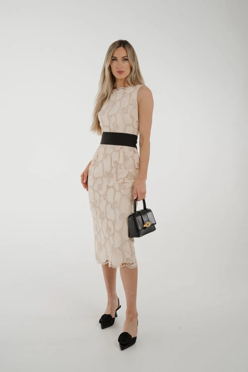 The Walk in Wardrobe Midi Dresses>Kayla Embroidered Midi Dress in Neutral