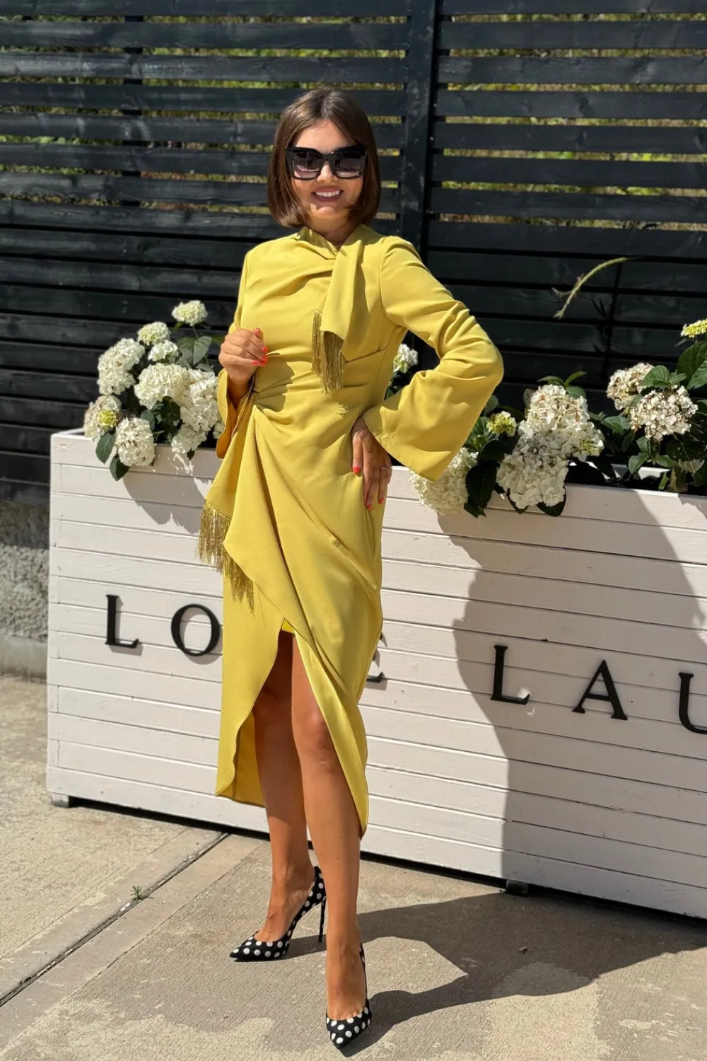 The Walk in Wardrobe Midi Dresses>Kayla Fringe Detail Wrap Dress In Mustard