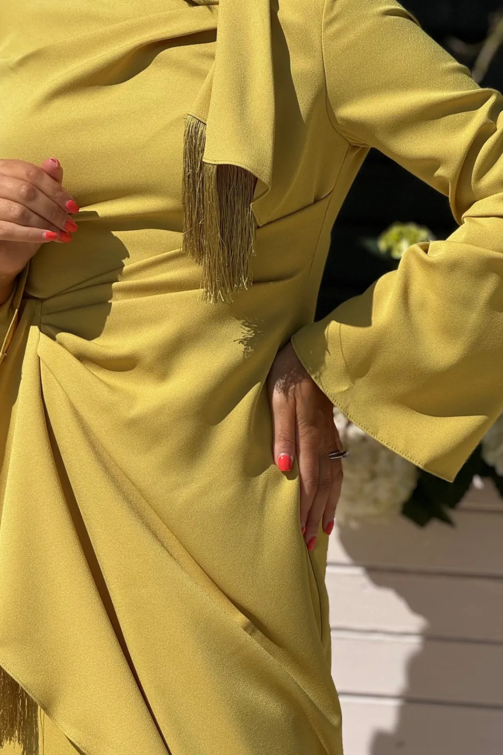 The Walk in Wardrobe Midi Dresses>Kayla Fringe Detail Wrap Dress In Mustard