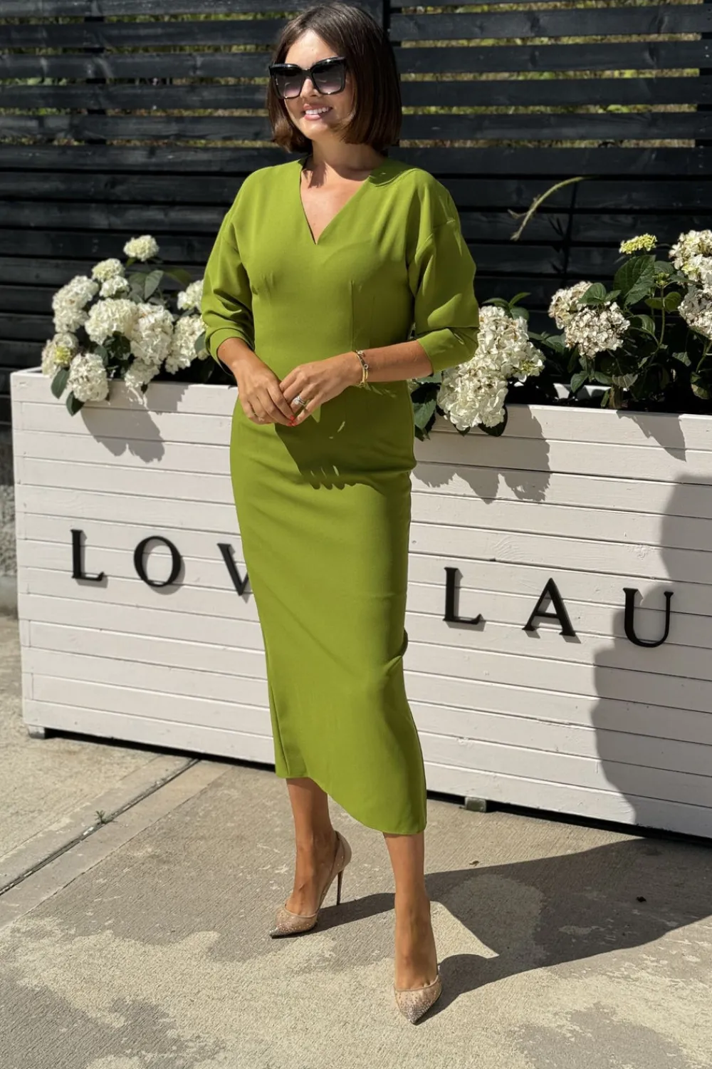 The Walk in Wardrobe Midi Dresses>Kayla Lace Insert Dress In Green