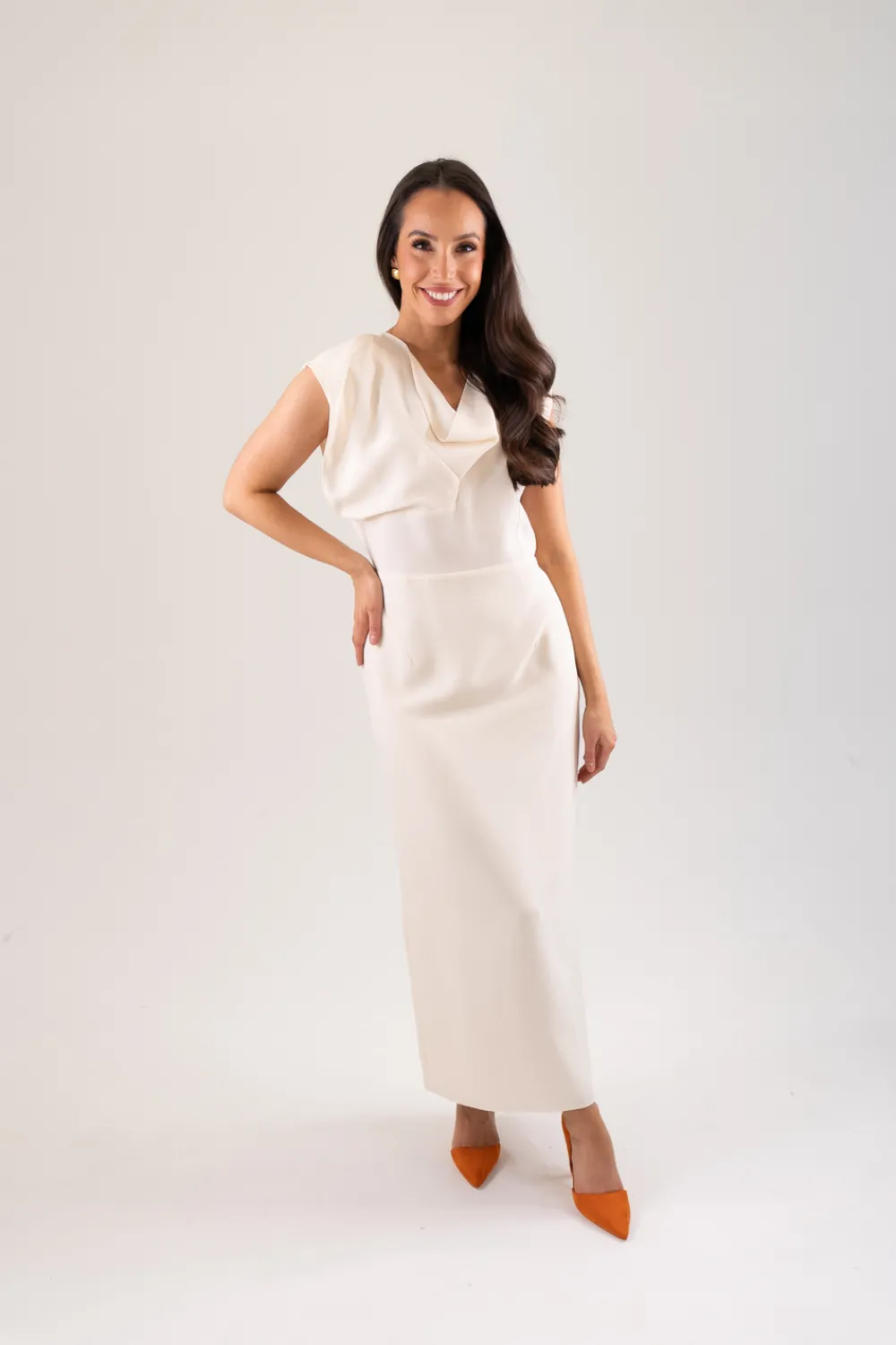 The Walk in Wardrobe Maxi Dresses|Midi Dresses>Kayla Layered Cowl Dress In Cream