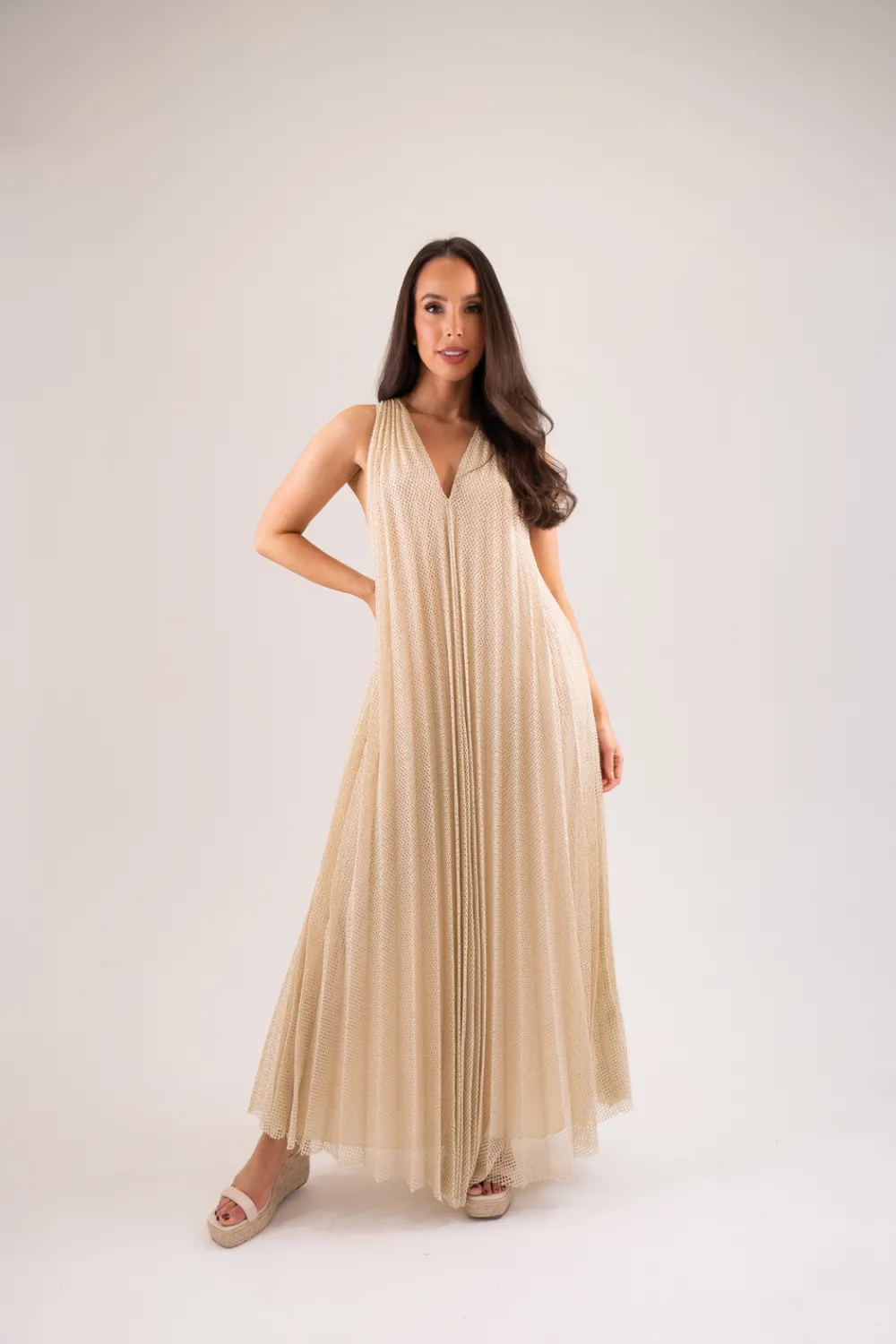 The Walk in Wardrobe Maxi Dresses|Midi Dresses>Kayla Pleated Overlay Dress In Neutral
