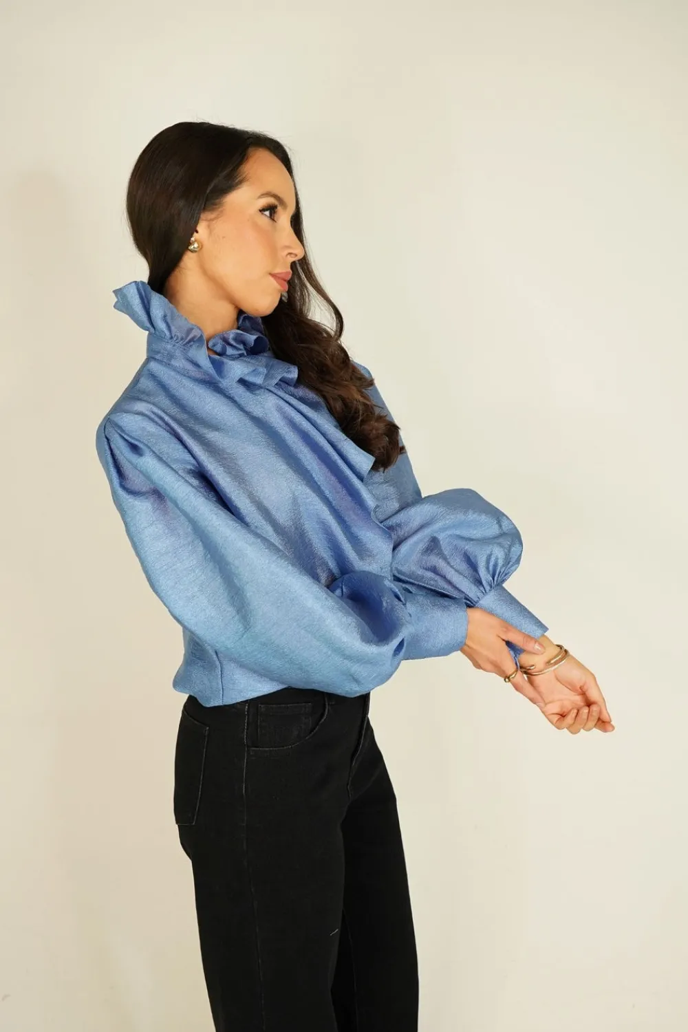 The Walk in Wardrobe Shirts>Kayla Ruffle Detail Blouse In Blue