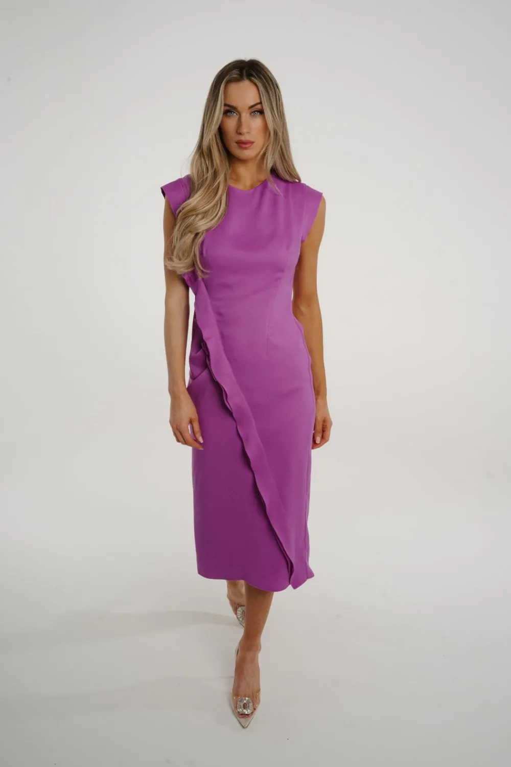 The Walk in Wardrobe Midi Dresses>Kayla Ruffle Front Dress In Purple
