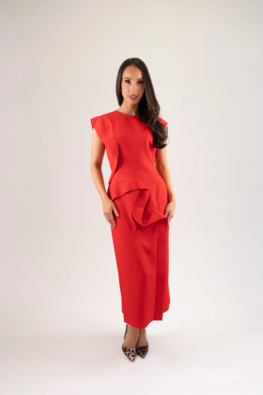 The Walk in Wardrobe Maxi Dresses|Midi Dresses>Kayla Zig Zag Ruffle Dress In Red