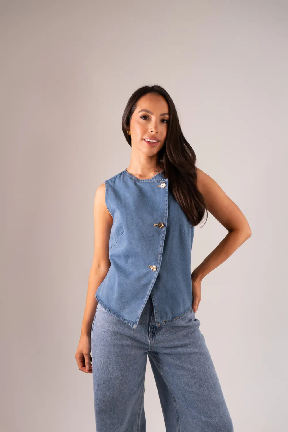 The Walk in Wardrobe Tops>Kendra Asymmetric Denim Waistcoat In Mid Wash