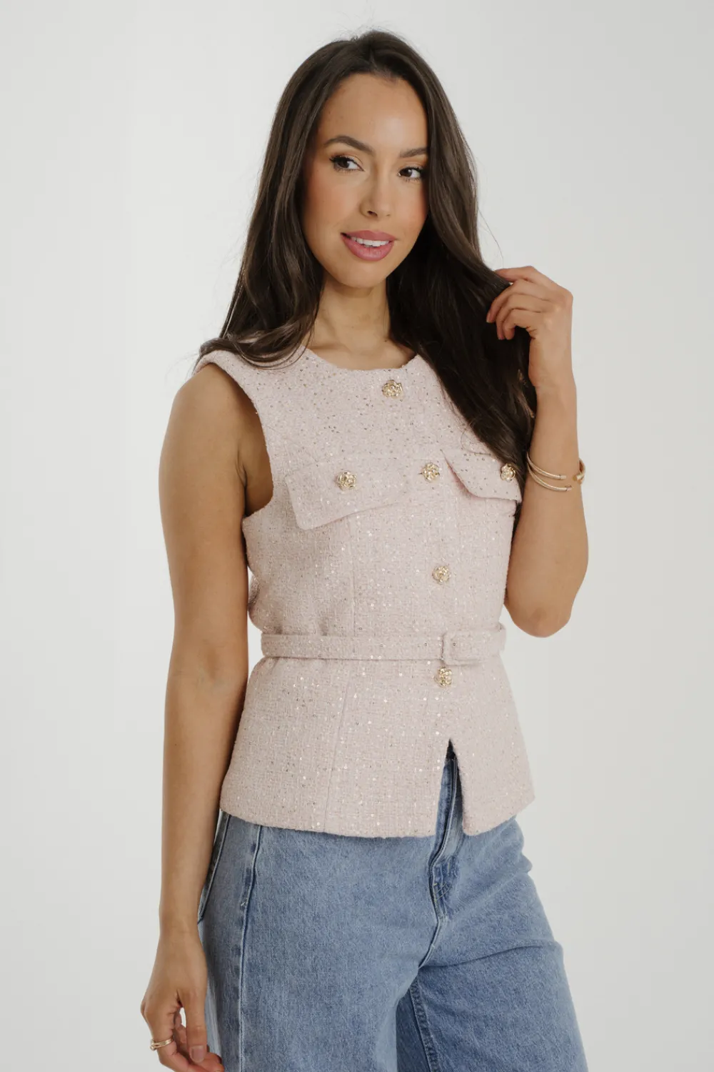 The Walk in Wardrobe Tops>Kendra Belted Waistcoat In Blush