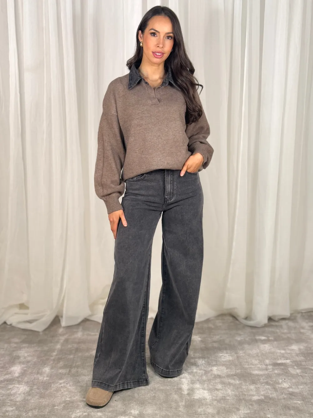 The Walk in Wardrobe Knitwear|Jumpers & Cardigans>Kendra Contrast Collar Jumper In Taupe