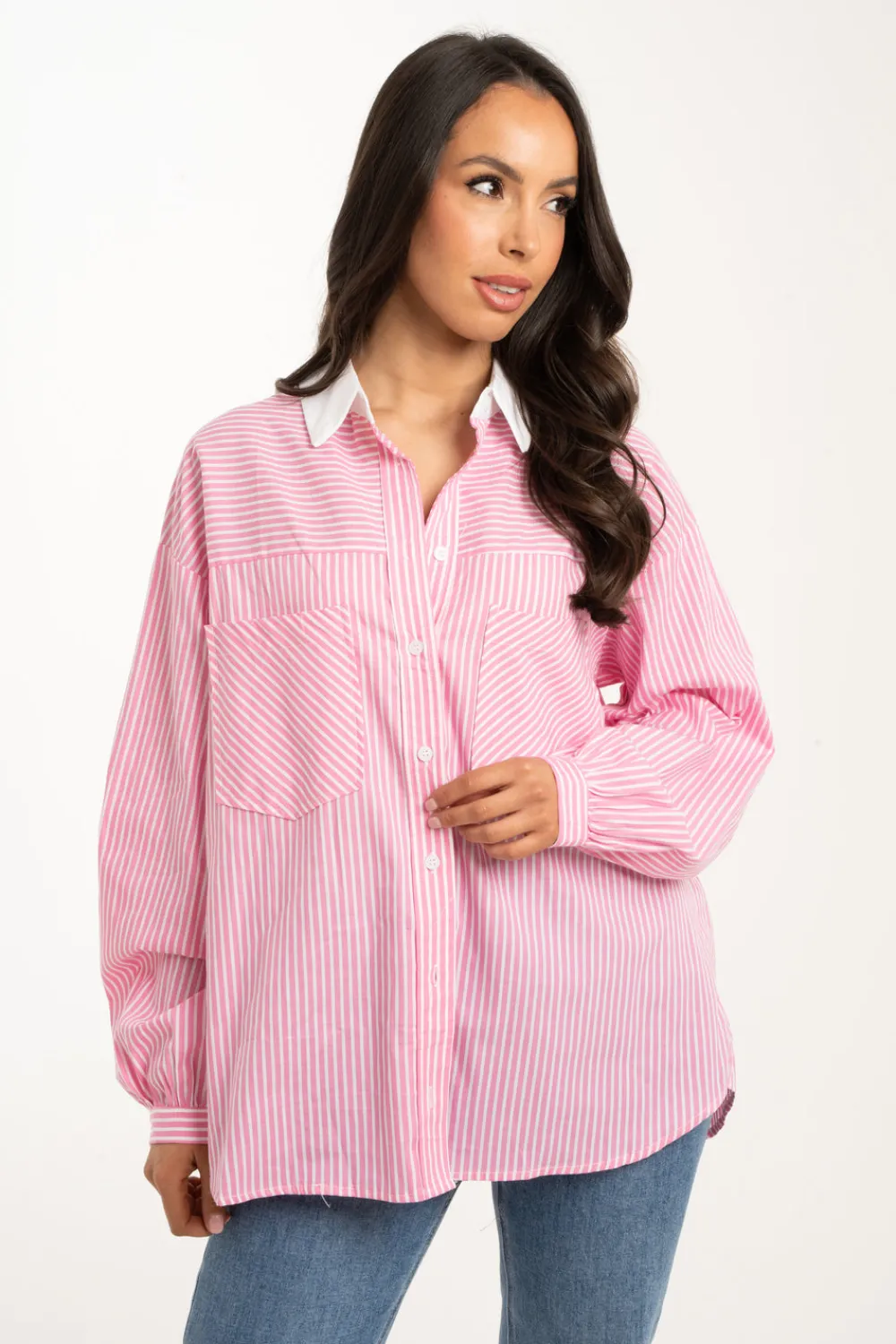 The Walk in Wardrobe Shirts>Kendra Contrast Collar Shirt In Pink Stripe