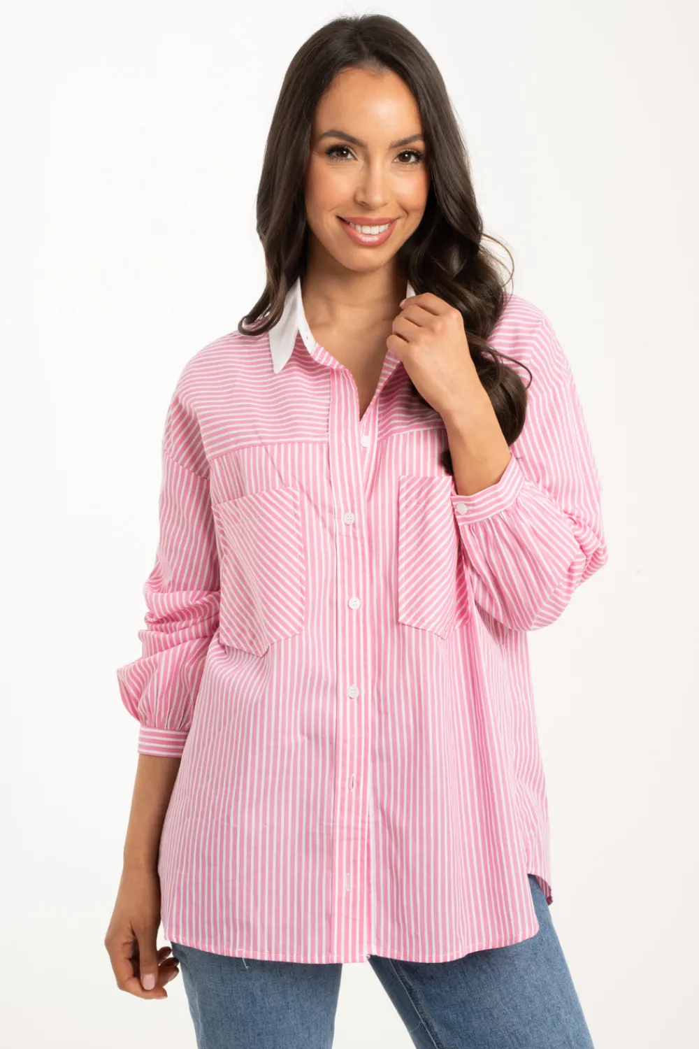 The Walk in Wardrobe Shirts>Kendra Contrast Collar Shirt In Pink Stripe