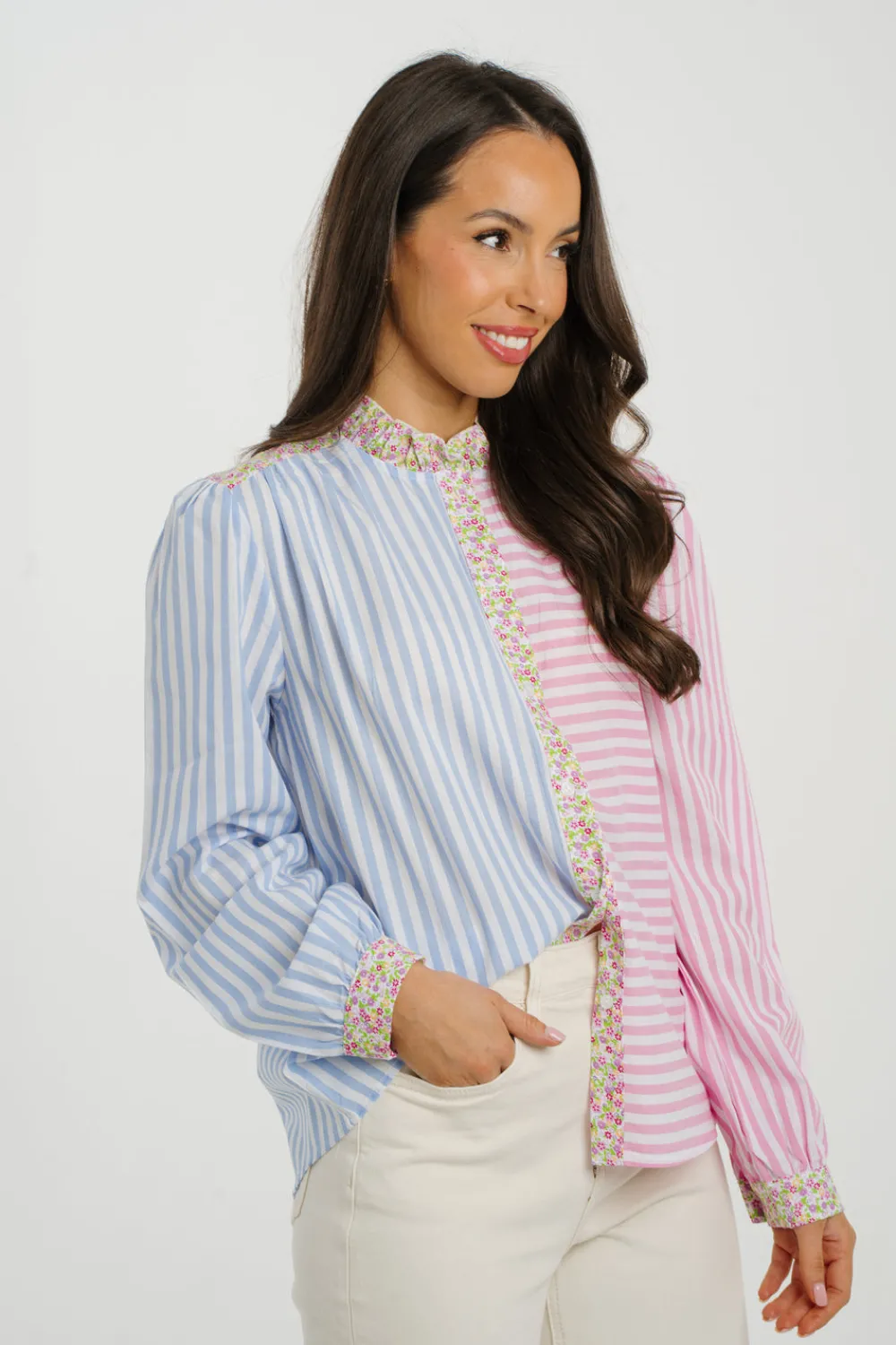 The Walk in Wardrobe Shirts>Kendra Contrast Stripe Shirt In Blue & Pink