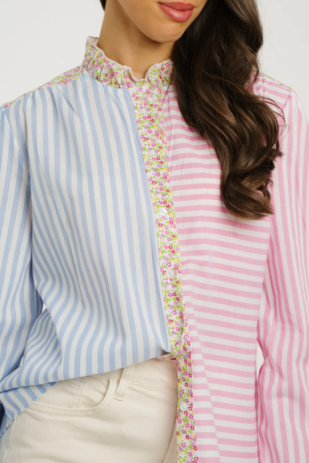 The Walk in Wardrobe Shirts>Kendra Contrast Stripe Shirt In Blue & Pink