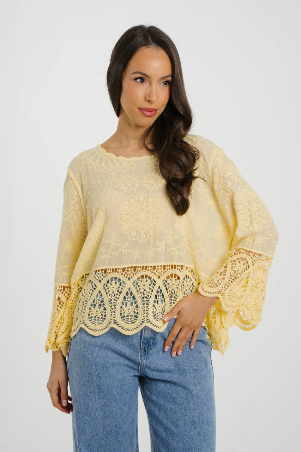 The Walk in Wardrobe Tops>Kendra Crochet Hem Embroidered Top In Yellow