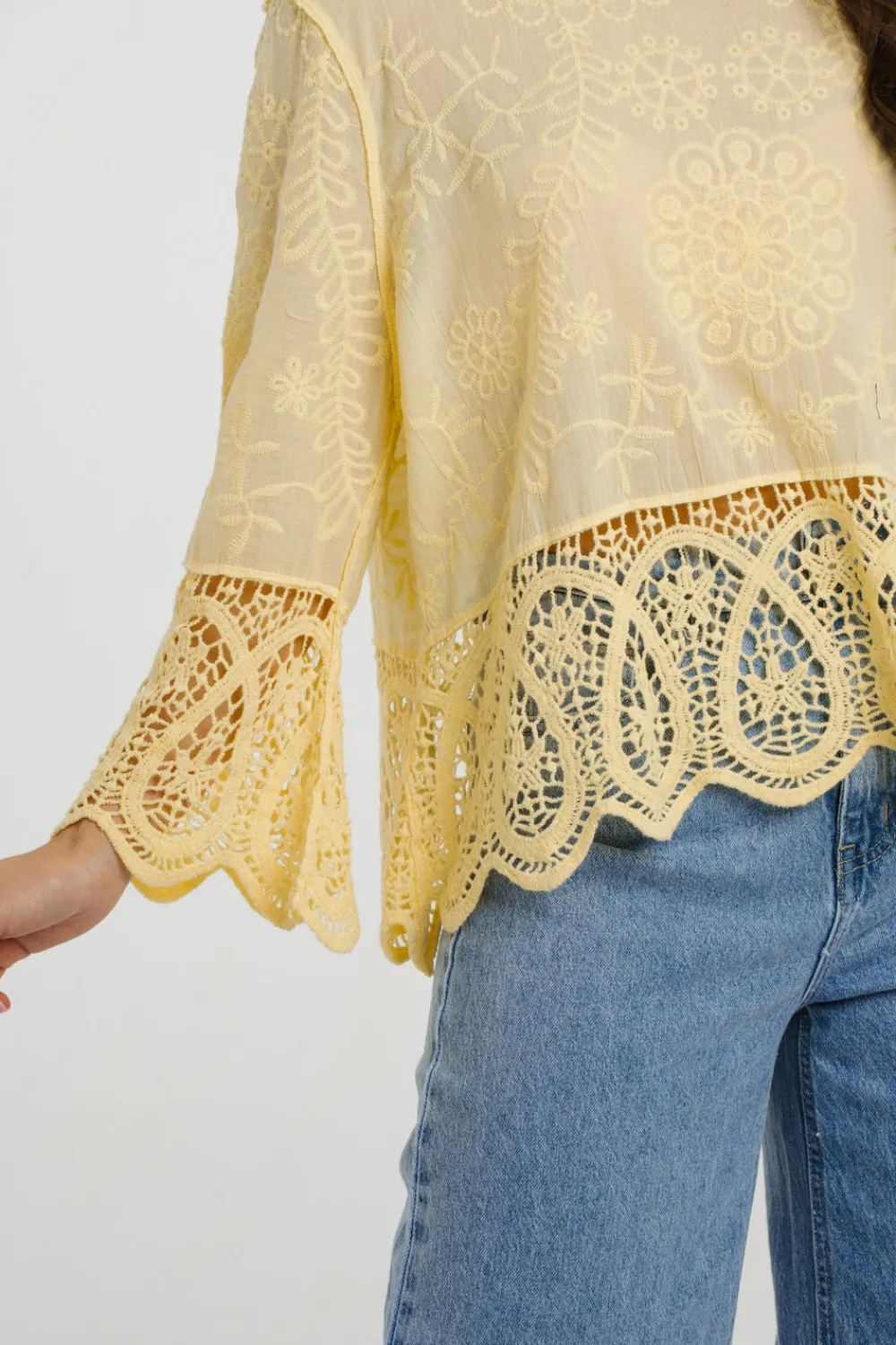 The Walk in Wardrobe Tops>Kendra Crochet Hem Embroidered Top In Yellow